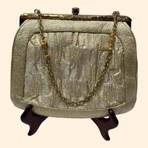 1960s Lou Taylor Vintage Gold Lamé Rhinestone Evening Handbag with Mirror